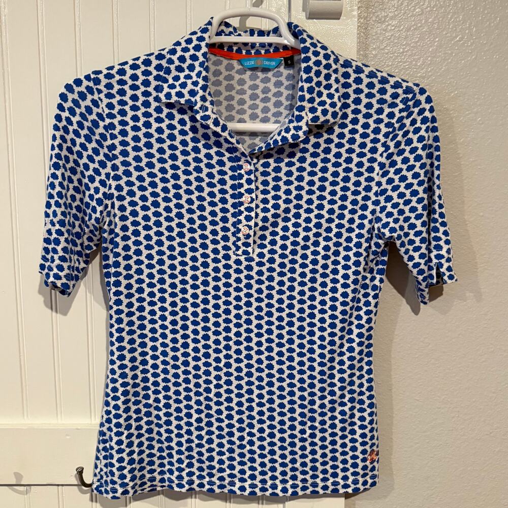 Lizzie Driver Golf Shirt/Preppy Polo Blue and White Size Small